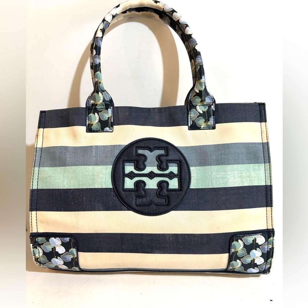Tory Burch Black and Cream Tote Bag with Structured Design